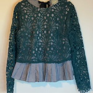 Mauve Teal Lace Blouse with Checkered Hem